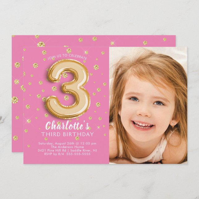 Pink Foil Balloon Photo 3rd Birthday Invitation (Front/Back)