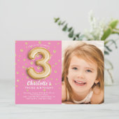 Pink Foil Balloon Photo 3rd Birthday Invitation (Standing Front)