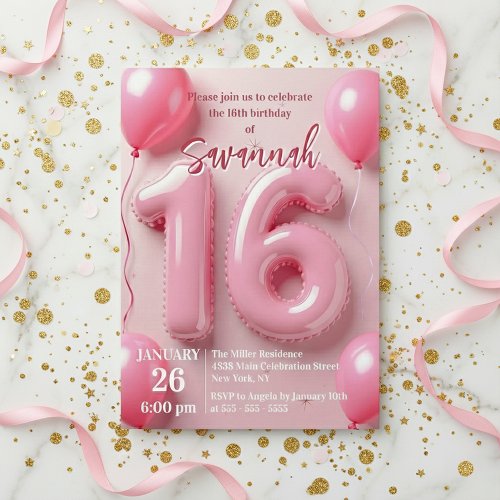 Pink Foil Balloon Typography Sweet 16 Birthday Invitation