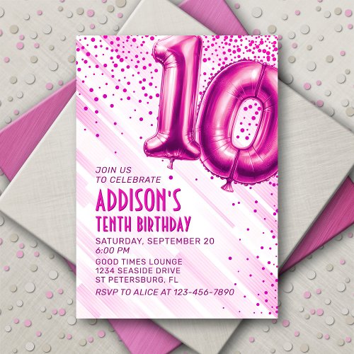 Pink Foil Balloons 10th Birthday Invitation