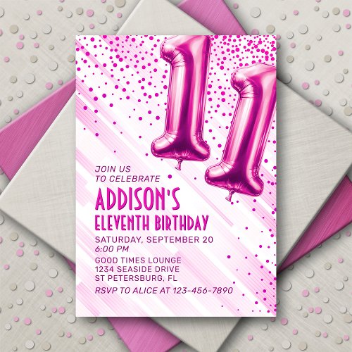 Pink Foil Balloons 11th Birthday Invitation
