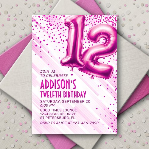 Pink Foil Balloons 12th Birthday Invitation