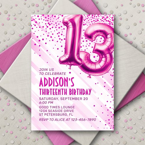 Pink Foil Balloons 13th Birthday Invitation