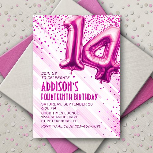 Pink Foil Balloons 14th Birthday Invitation