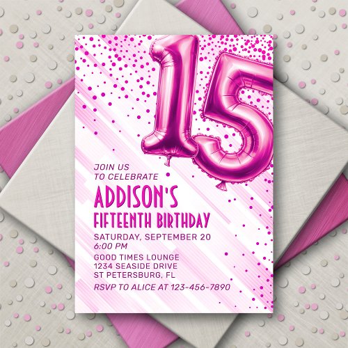 Pink Foil Balloons 15th Birthday Invitation