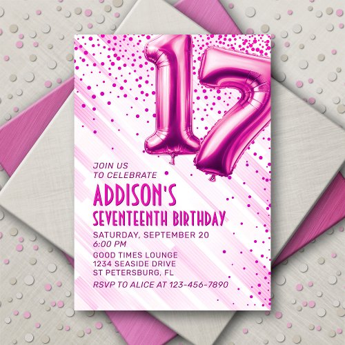 Pink Foil Balloons 17th Birthday Invitation