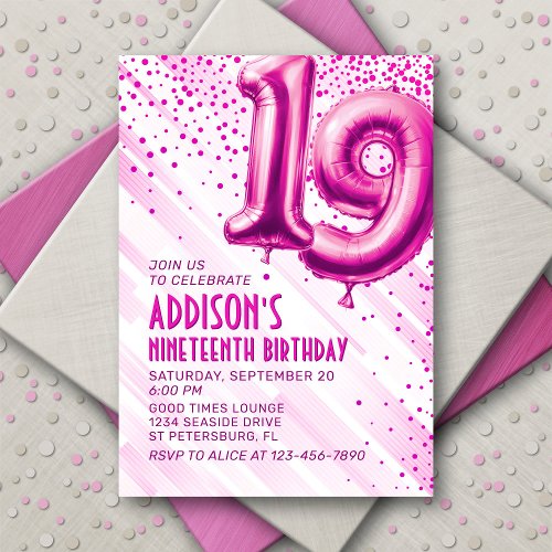 Pink Foil Balloons 19th Birthday Invitation