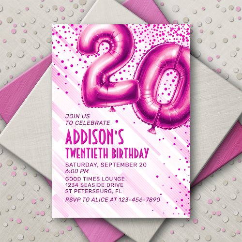 Pink Foil Balloons 20th Birthday Invitation