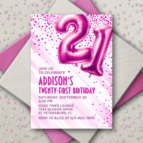Pink Foil Balloons 21st Birthday Invitation