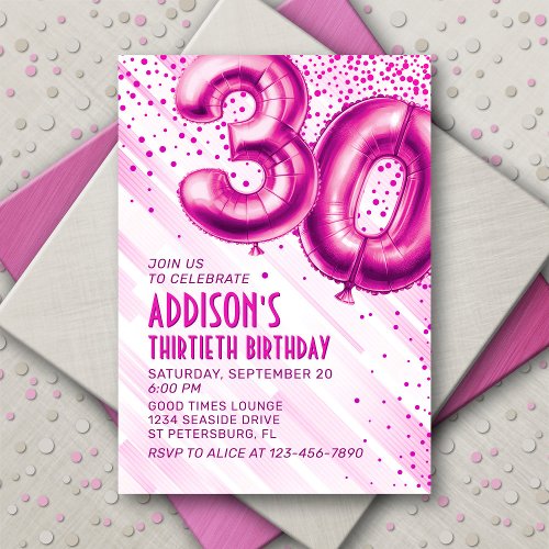Pink Foil Balloons 30th Birthday Invitation