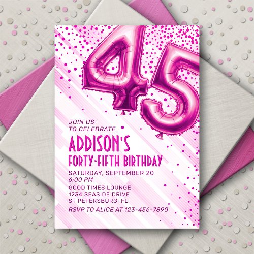 Pink Foil Balloons 45th Birthday Invitation