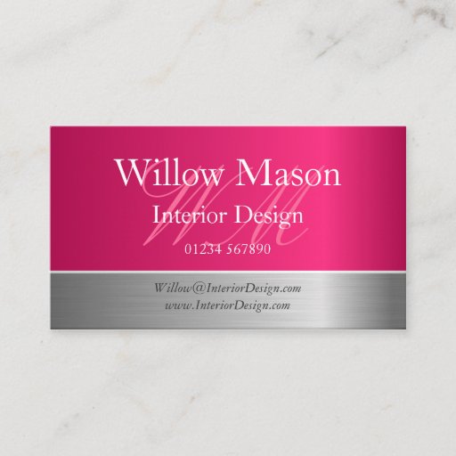 Customizable Pink Foil & Brushed Steel Monogram Business Card