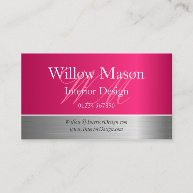 Pink Foil & Brushed Steel Monogram Business Card (Front)
