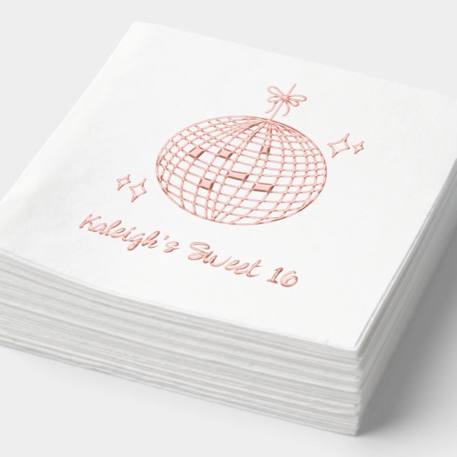 Pink Foil Custom Disco Ball Retro Sweet 16 Napkins (Detail)
