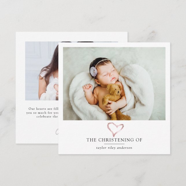 Pink Foil Heart Photo Baptism Christening  Thank You Card (Front/Back)