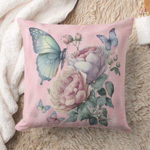 Pink Foil Lavender and Pink Peonies and Butterfly Throw Pillow