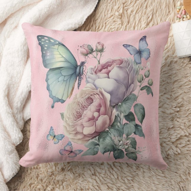Pink Foil Lavender and Pink Peonies and Butterfly Throw Pillow (Blanket)