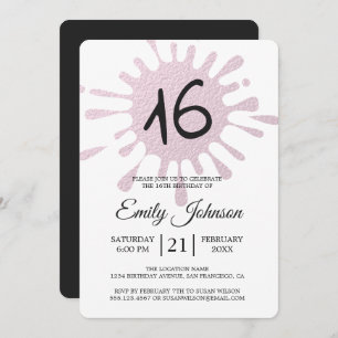 Pink Foil Splash Sweet 16 16th Birthday Party Invitation