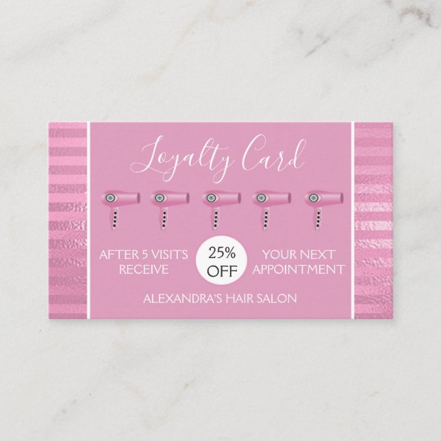 Pink Foil Stripes Hair Salon Loyalty Card (Front)