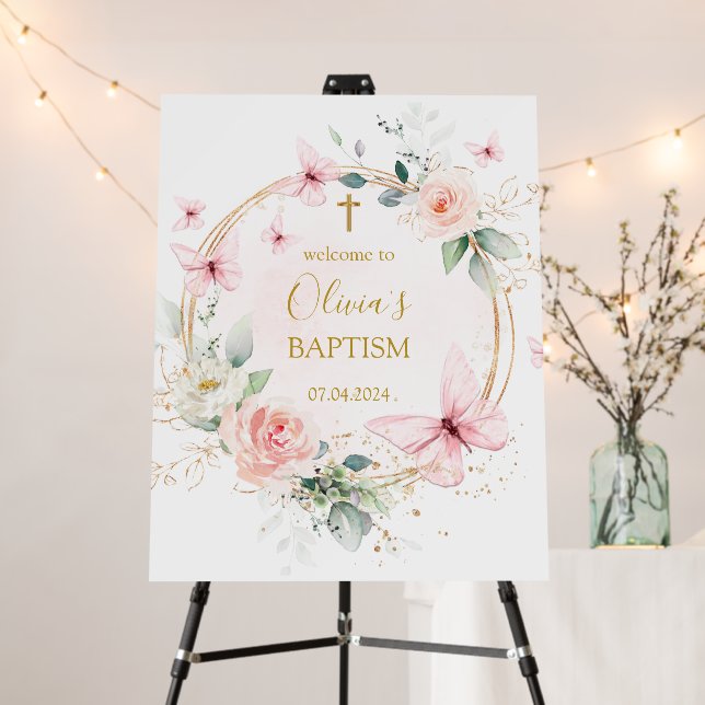 Pink Fold Butterfly Baptism welcome sign (In Situ (Stand))