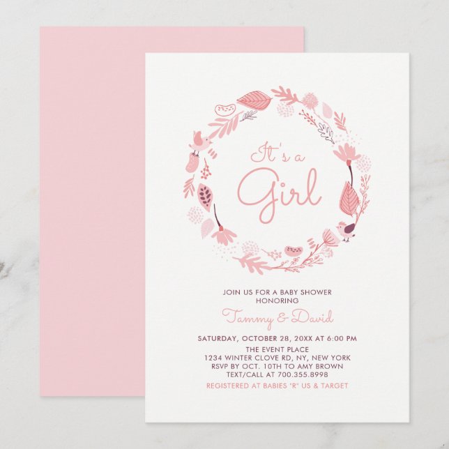 Pink Foliage | Cute Girl Baby Shower Invitation (Front/Back)