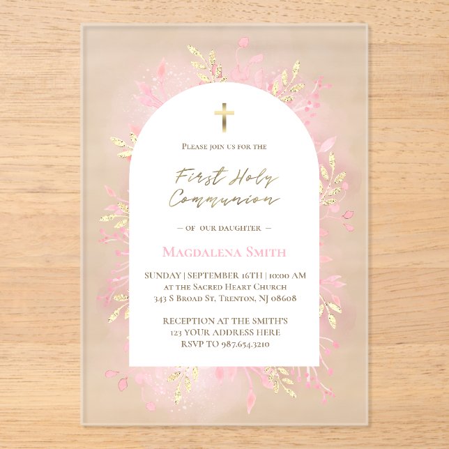 pink foliage First Holy Communion frosted  Acrylic Invitations (Front)