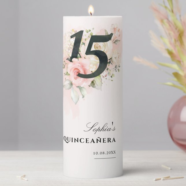Pink Foliage Quinceanera Floral 15th Birthday Pillar Candle (In Situ)
