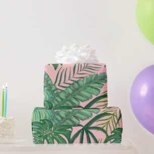 Pink Foliage Tropical Monstera Leaves party Wrapping Paper