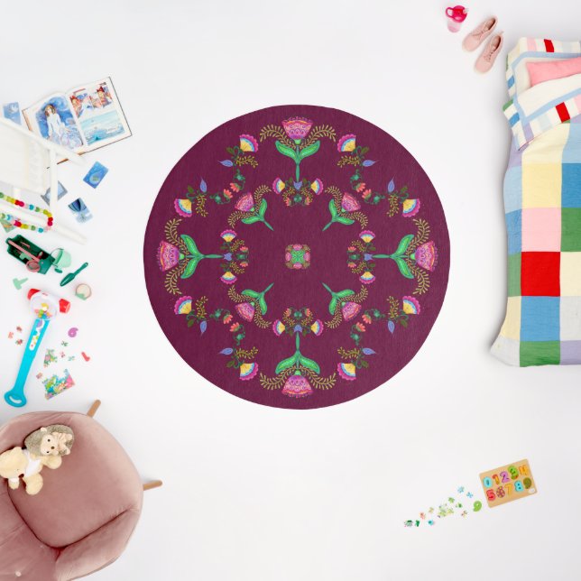 Pink Folk Art Flowers Beautiful Round Outdoor Rug (Insitu (Babyroom))