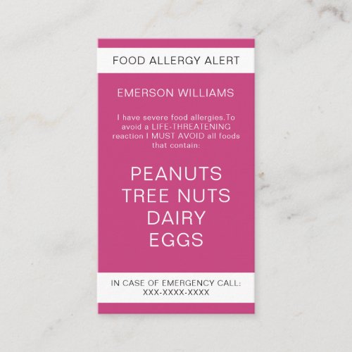 Pink Food Allergy Alert Personalized Chef Card