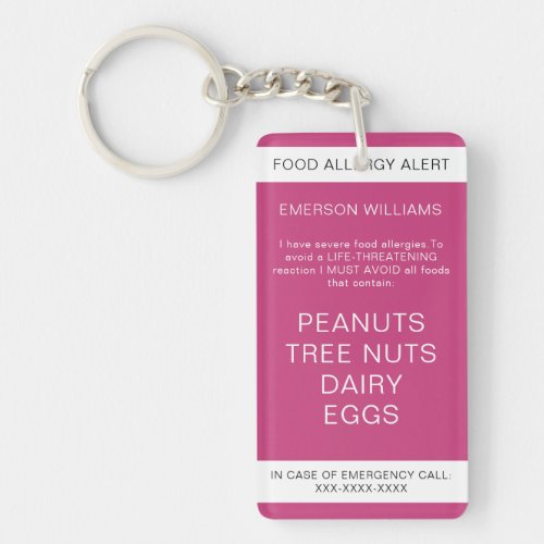 Pink Food Allergy Medical Alert Emergency Contact Keychain