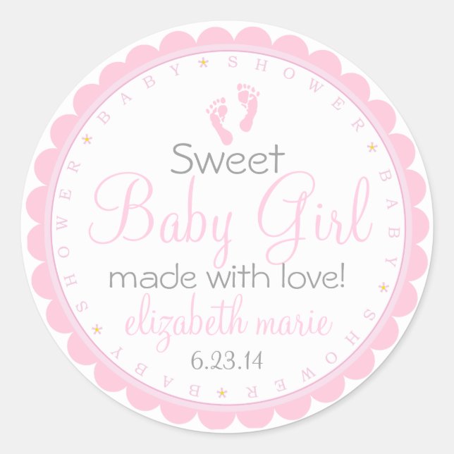 Pink Footprints- Baby Shower Favor Classic Round Sticker (Front)
