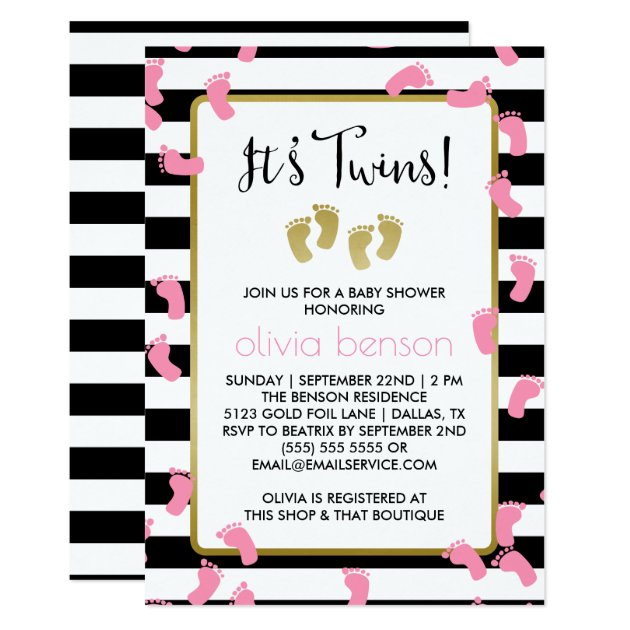 Pink Footprints Black & Gold Twins Baby Shower Invitation