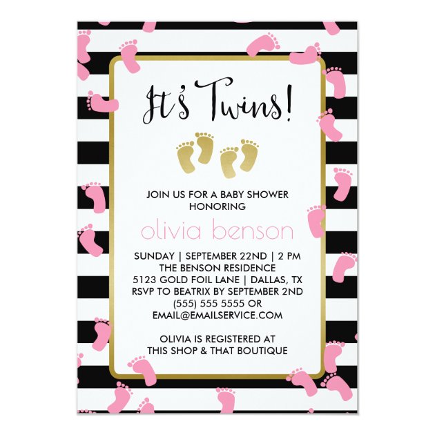 Pink Footprints Black & Gold Twins Baby Shower Invitation