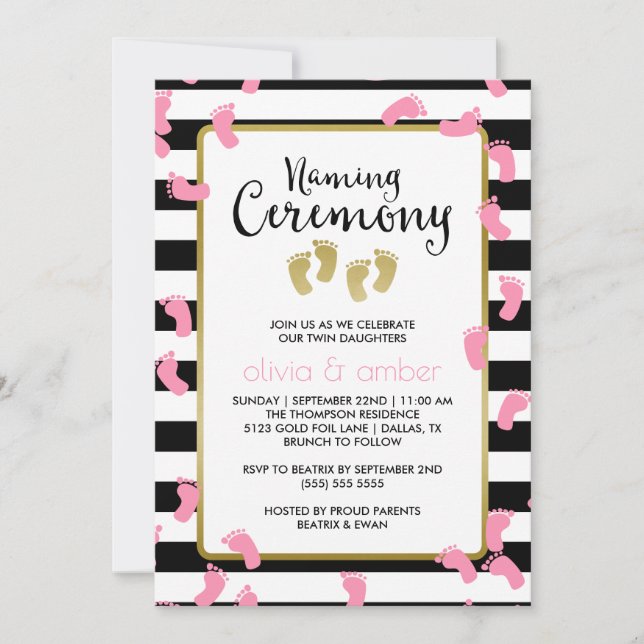Pink Footprints Black & Gold Twins Naming Ceremony Invitation (Front)