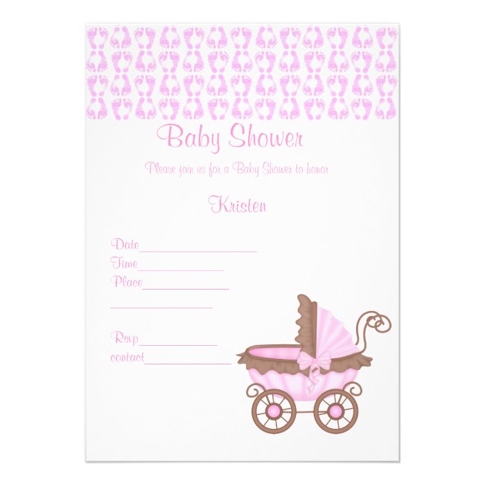 PINK FOOTPRINTS WITH PRAM BABY SHOWER INVITATION