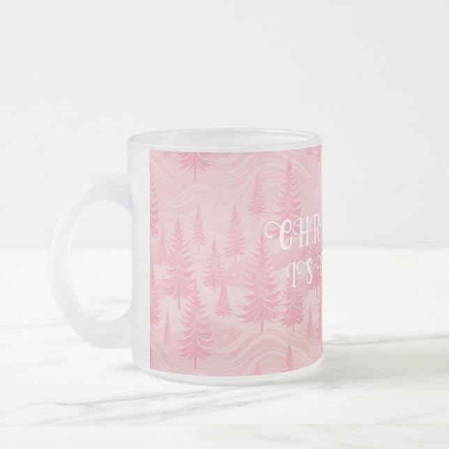 Pink Forest Christmas Frosted Glass Coffee Mug (Left)