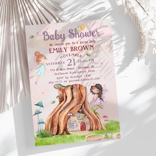 Pink forest fairies enchanting cottage invitation