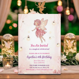 Pink Forest Fairy Fireflies 4th Birthday Party Invitation