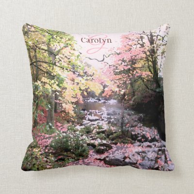 Pink forest glade, pretty stream, personalized throw pillow