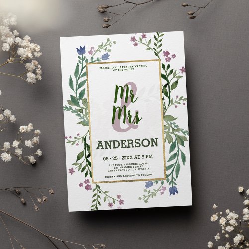 Pink forest green typography MR MRS floral wedding Invitation