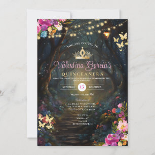 Pink Forest Quinceañera 15 Anos Flowers Gold Invitation