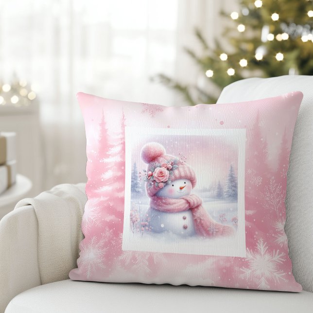 Pink Forest Snowman Bright Winter Scene Cushion (Pink Forest Snowman Bright Winter Scene Cushion)