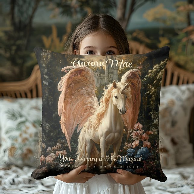 Pink Forest Unicorn Pegasus Woodland Magical Horse Throw Pillow (Creator Uploaded)