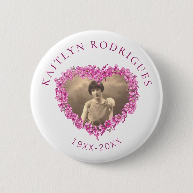 Pink forget-me-not flowers heart photo memorial button (Front)