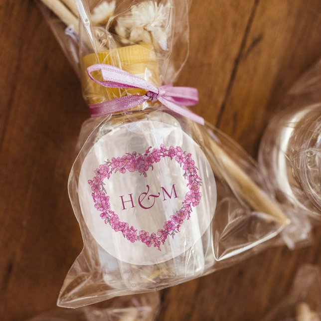 Pink forget me nots inked art wedding monogram classic round sticker (Creator Uploaded)