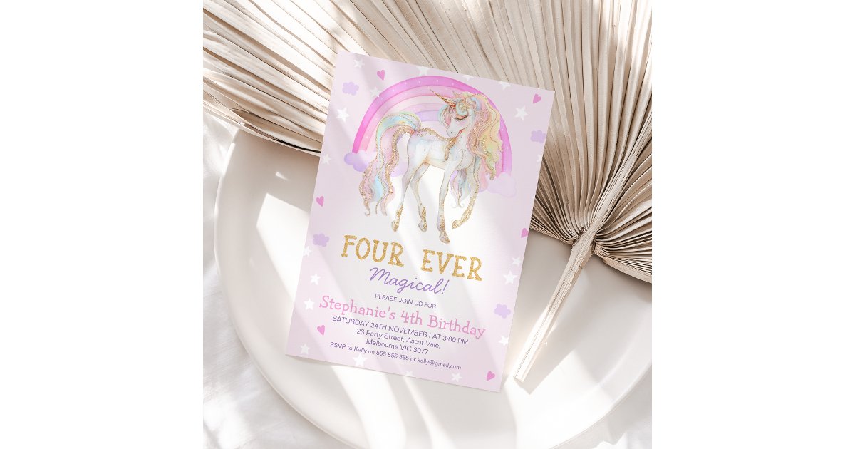 Pink Four Ever Magical Unicorn 4th Birthday Invitation | Zazzle