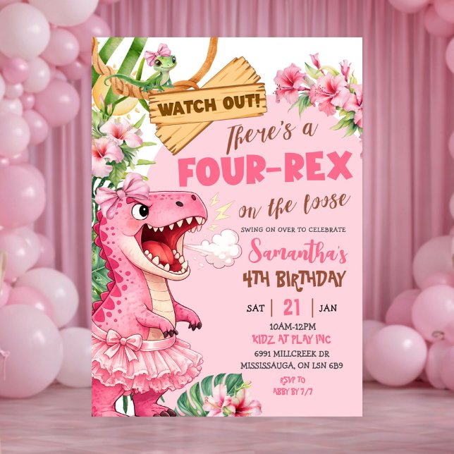Pink Four Rex On The Loose Fourth Birthday Invitation (Creator Uploaded)