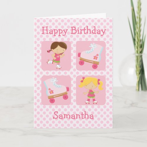 Pink Four Square Rollerskating Birthday Card