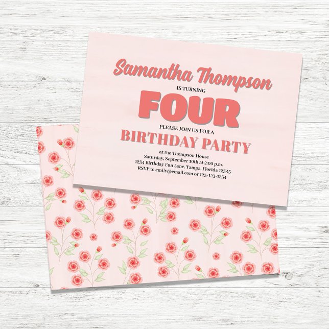 Pink Fourth Birthday Girl Party Floral Template (Girls Fourth Birthday Custom Invitations.)
